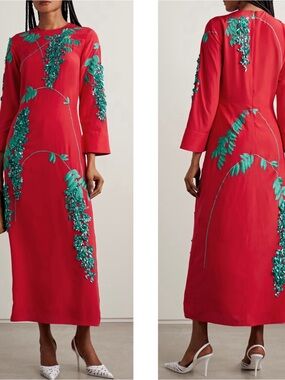 BERNADETTE Harry Floral Sequin Embellished Embroidered Red Midi Dress Size 2